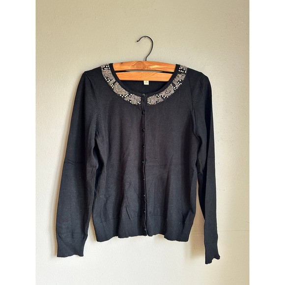 Carolyn Taylor Womens Sweater Cardigan Beaded Long Sleeves Snap Front Black M - Picture 1 of 4